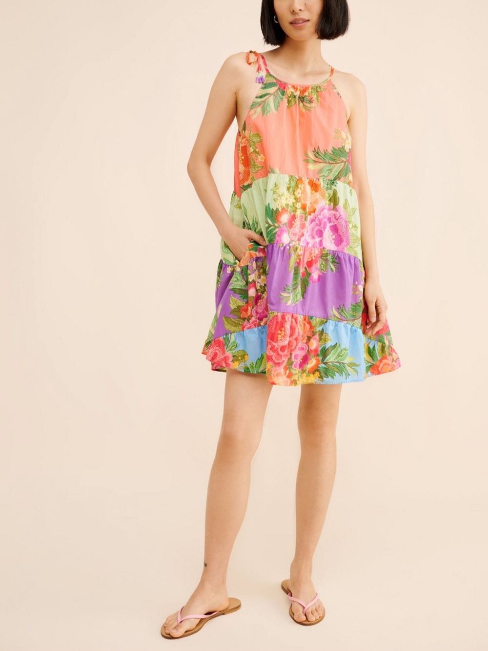 FARM Rio Halter Floral Tiered Mini Dress, vibrant colors, fully lined, cotton, M